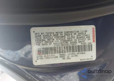 1999 Lexus Es 300 from USA, damaged, VIN JT8BF28GXX0175837